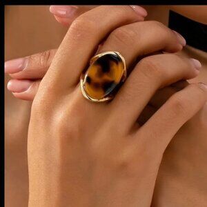 Leopard Print Oval Gold Ring Size 8 Statement Cocktail Ring